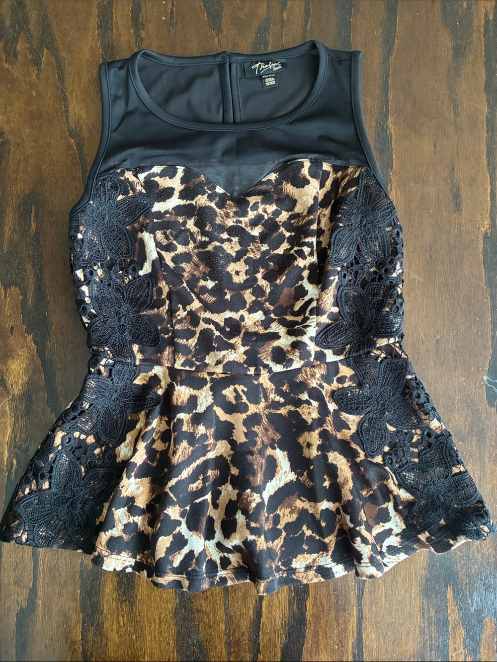 Thalia Sodi Black and Brown Leopard Lace-Trim Peplum Tank